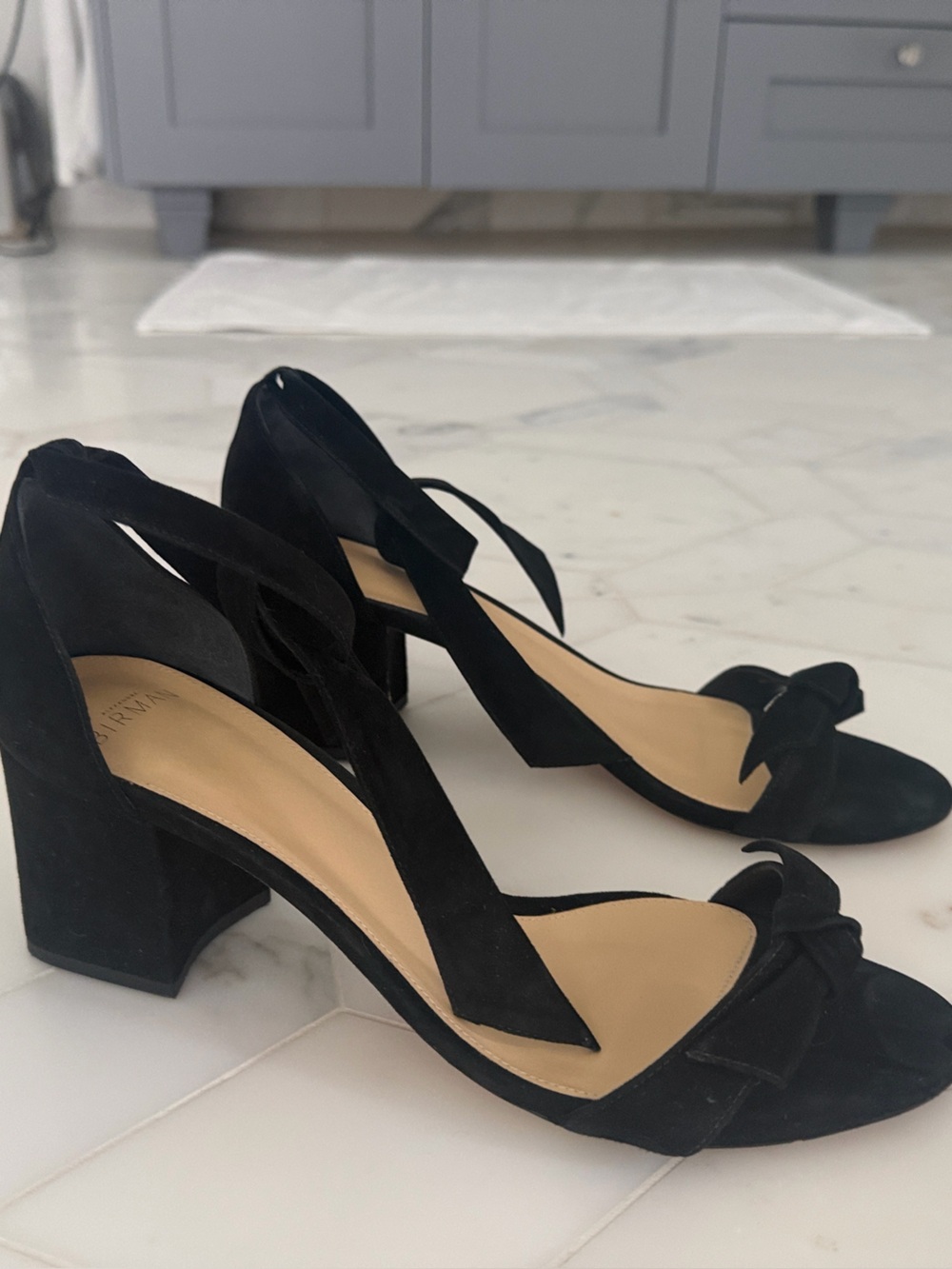 Alexandre Birman Black Suede Bow Ankle-Tie Block Heels